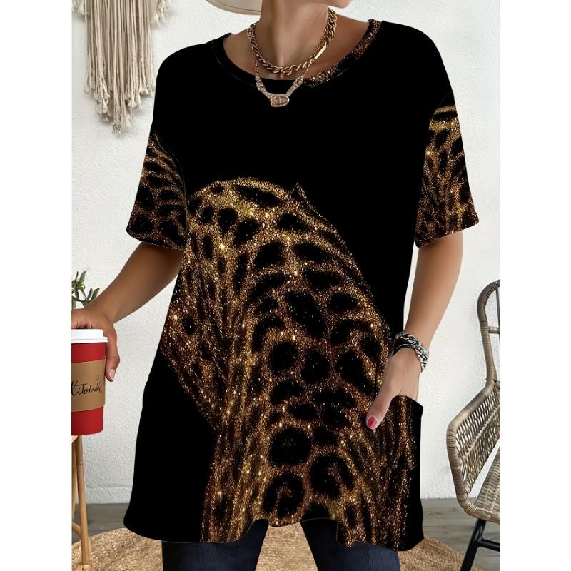 Women'S Large Size Short Sleeve T-Shirt with Golden Leopard Print, Pocket T-Shirt Suitable for Daily Commute, Casual Outings