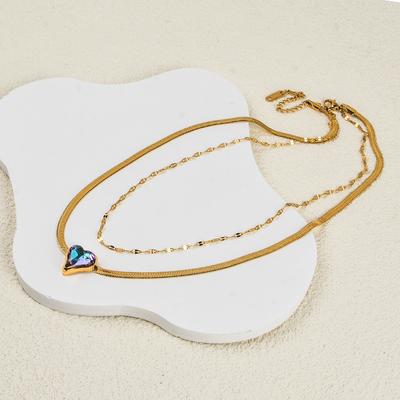 Titanium Titanium Steel Love Crystal Pendant Double -layer Necklace Stainless Steel Clavicle Chain
