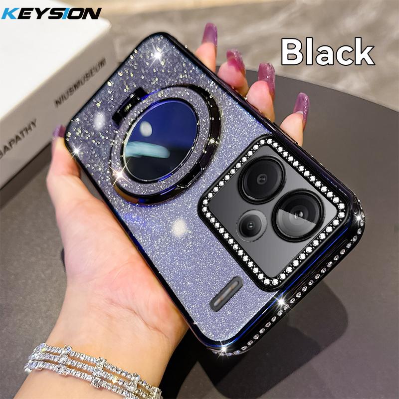 KEYSION Glitter Jewelled Magnetic Phone Case for Redmi Note 13 4G 13 Pro+5G Mirror Stand Shockproof Cover for Xiaomi POCO X6 M6 Pro