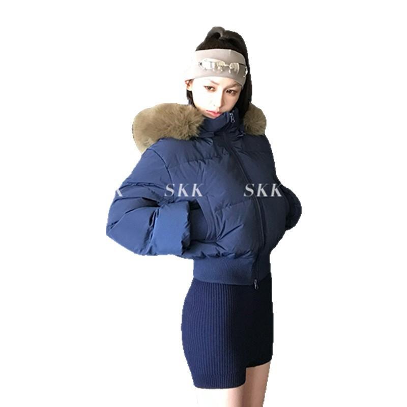 Women's Dark Blue Short Puffer Jacket with Big Fur Collar