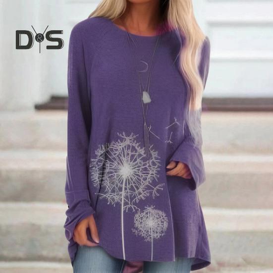 Women's Plus Size Tunic Top Dandelion Print Longline Shirt Crew Neck Long Sleeve Pullover Tee Casual Loose Fit Blouse for Work Daily Life