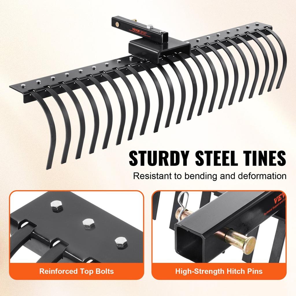 Tow Behind Landscape Rake 60" Lawn Dethatcher Rake with 21 Steel Tines