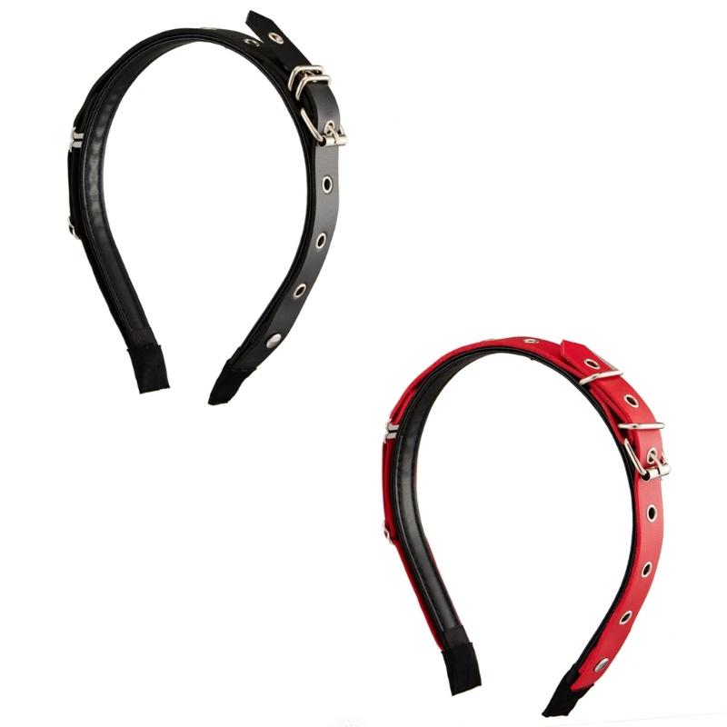 Unique Buckles Punk Headbands PU Leather with Metal Details Halloween Cosplay Headwear for Music Festivals and Event