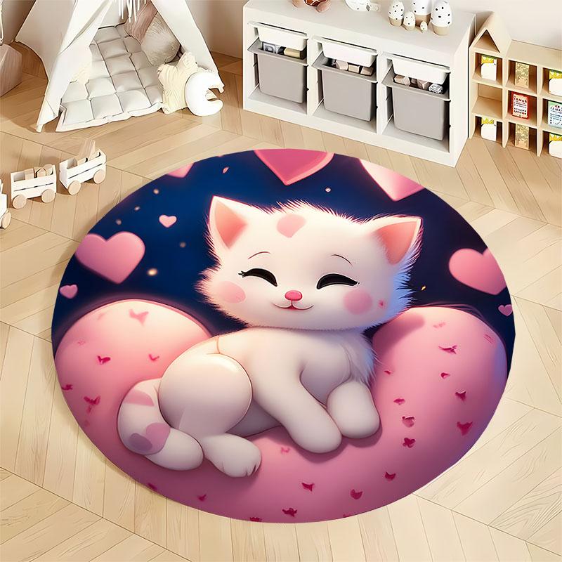 Charming Cat and Hearts Rug for Nursery Room round carpet for home sofa bedroom, gift