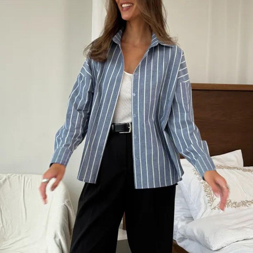 Women's Fashion Casual Striped Cardigan Loose Long Sleeve Shirt T-Shirt Top