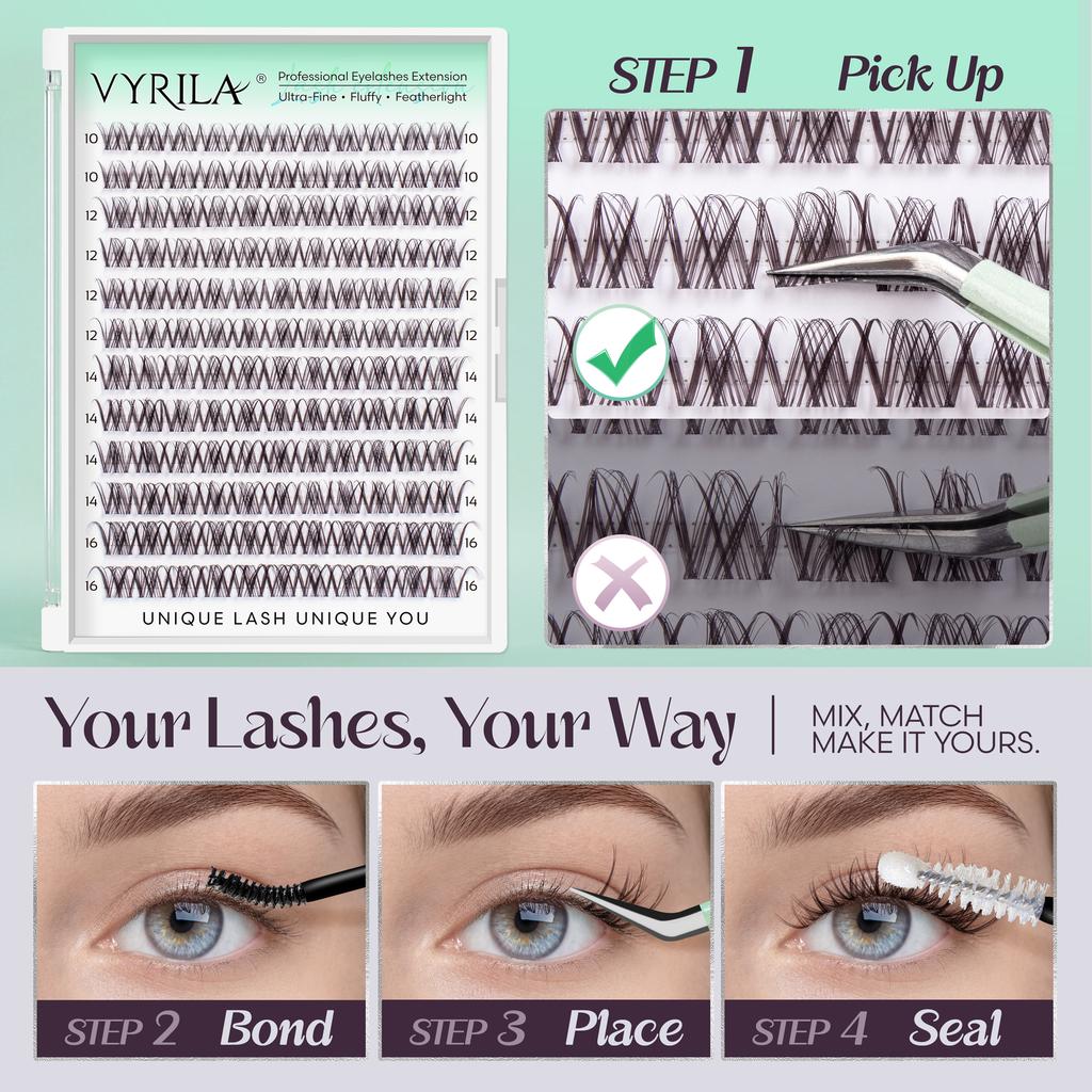 VYRILA Spider Violet Lash Clusters 10-16mm Natural Cluster Lashes Fake Eyelashes 3D Wispy D Curl Fluffy DIY Lash Extensions