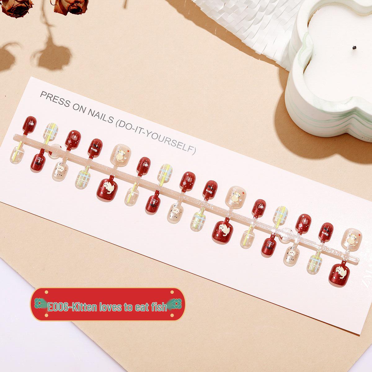 

E006 Котенок любит рыбу Детские носимые наклейки для нейл-арта: Один размер, 30 съемных накладных элементов