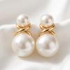 Korean Light Luxury Cross Metal Double Pearl Earrings, High-end Commuter Temperament Earrings, Versatile Pearl Ears