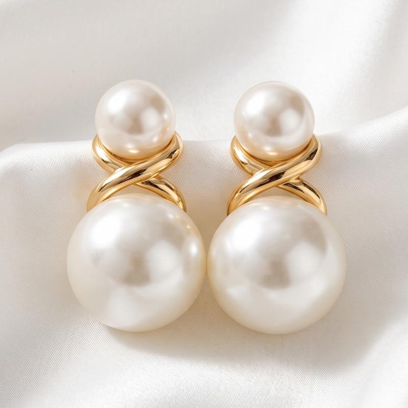 Korean Light Luxury Cross Metal Double Pearl Earrings, High-end Commuter Temperament Earrings, Versatile Pearl Ears