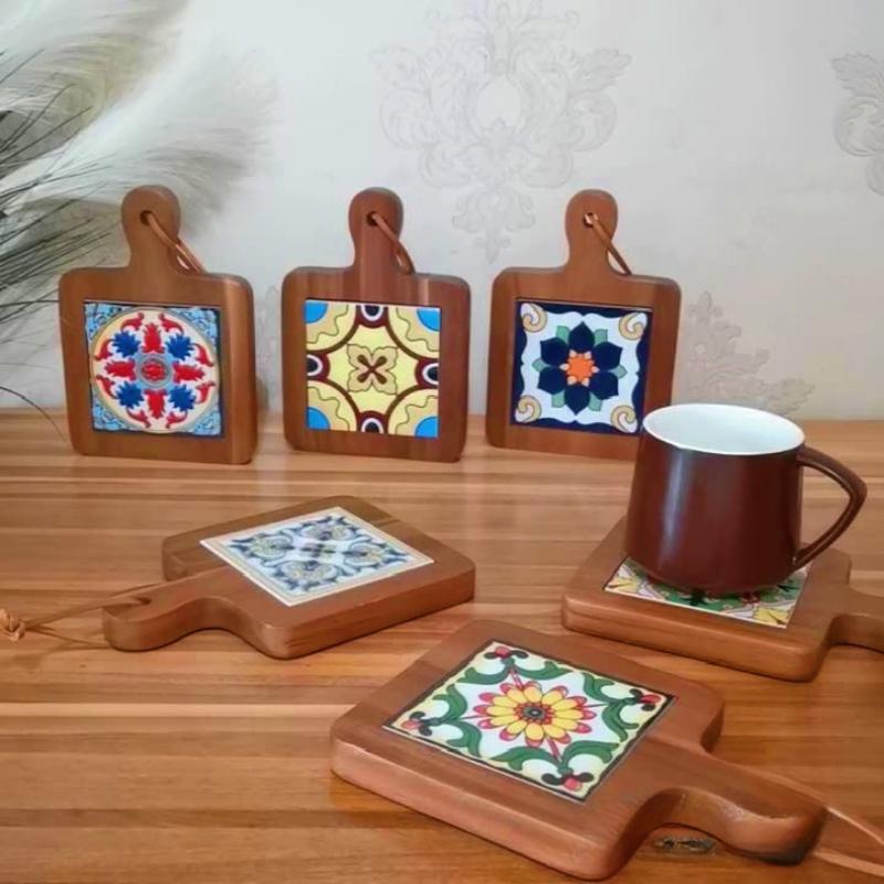 Solid Wood Flower Brick Hand Pot Mat Insulated Cup Mat Retro Dining Mat Decoration for Home Restaurants Kitchen Table Mat Cup