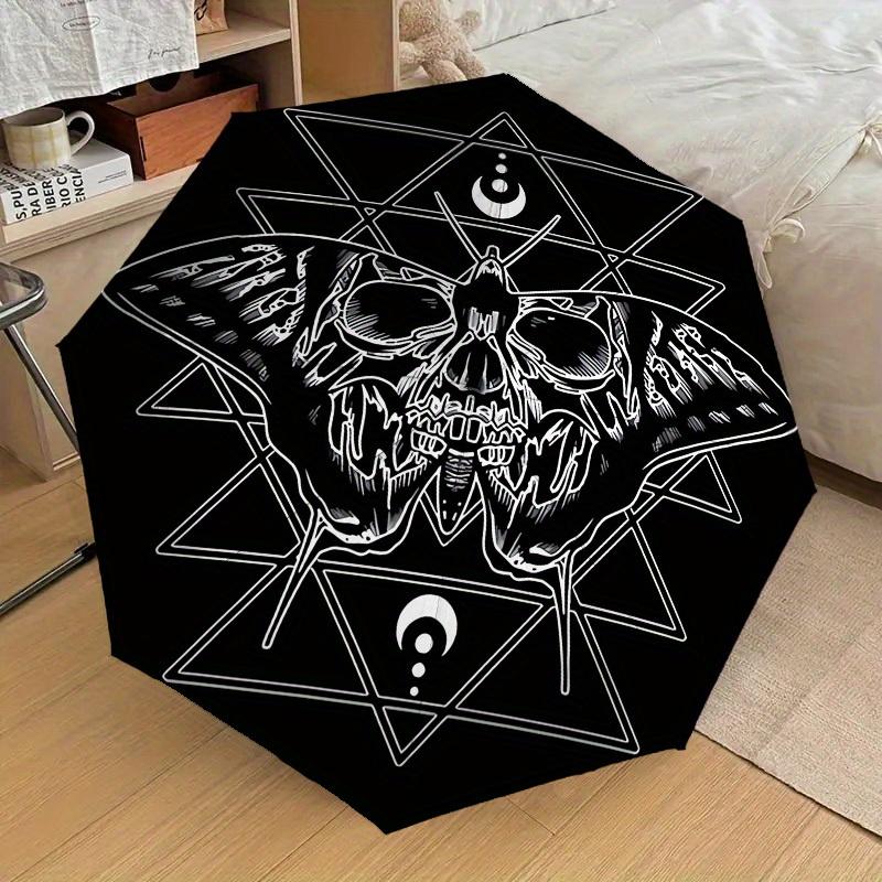 Skull Moth Umbrella - Automatic Open/Close, Gothic Halloween Design with Skull & Moth, Lightweight & Durable, for Beach, Parti