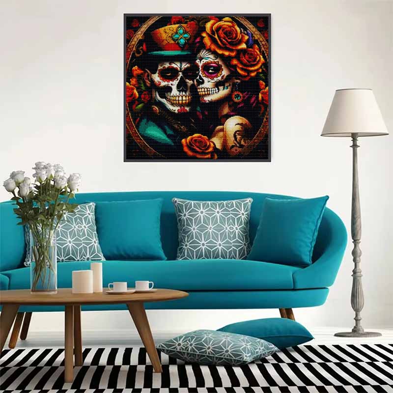 DIY Diamond Painting Canvas Sugar Skull Couple Floral Pattern 5D Rhinestone Art Kit for Home Wall Decor Craft Enthusiasts
