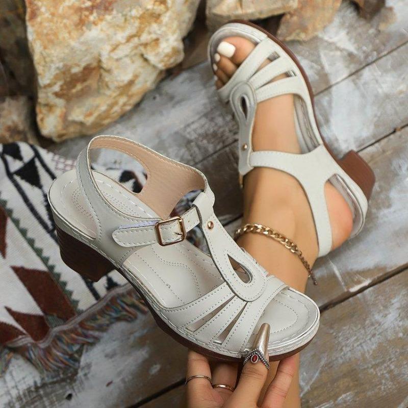 Vasariniai aukštakulniai moteriški vientisos spalvos T formos dirželis su vienu dirželiu, laisvalaikio neslystantys stambūs sandalai