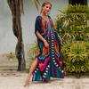 EDOLYNSA Multicolored Kaftan Bohemian Printed V-neck Batwing Sleeve Maxi Dress Women Beachwear Half Sleeve Maxi Dress Robe Q1342