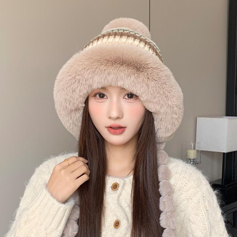 Striped Knitted Hat Women's Winter Velvet Thickened Wool Hat Warm Ear Protection Cold Hat Outdoor Riding Cold Hat