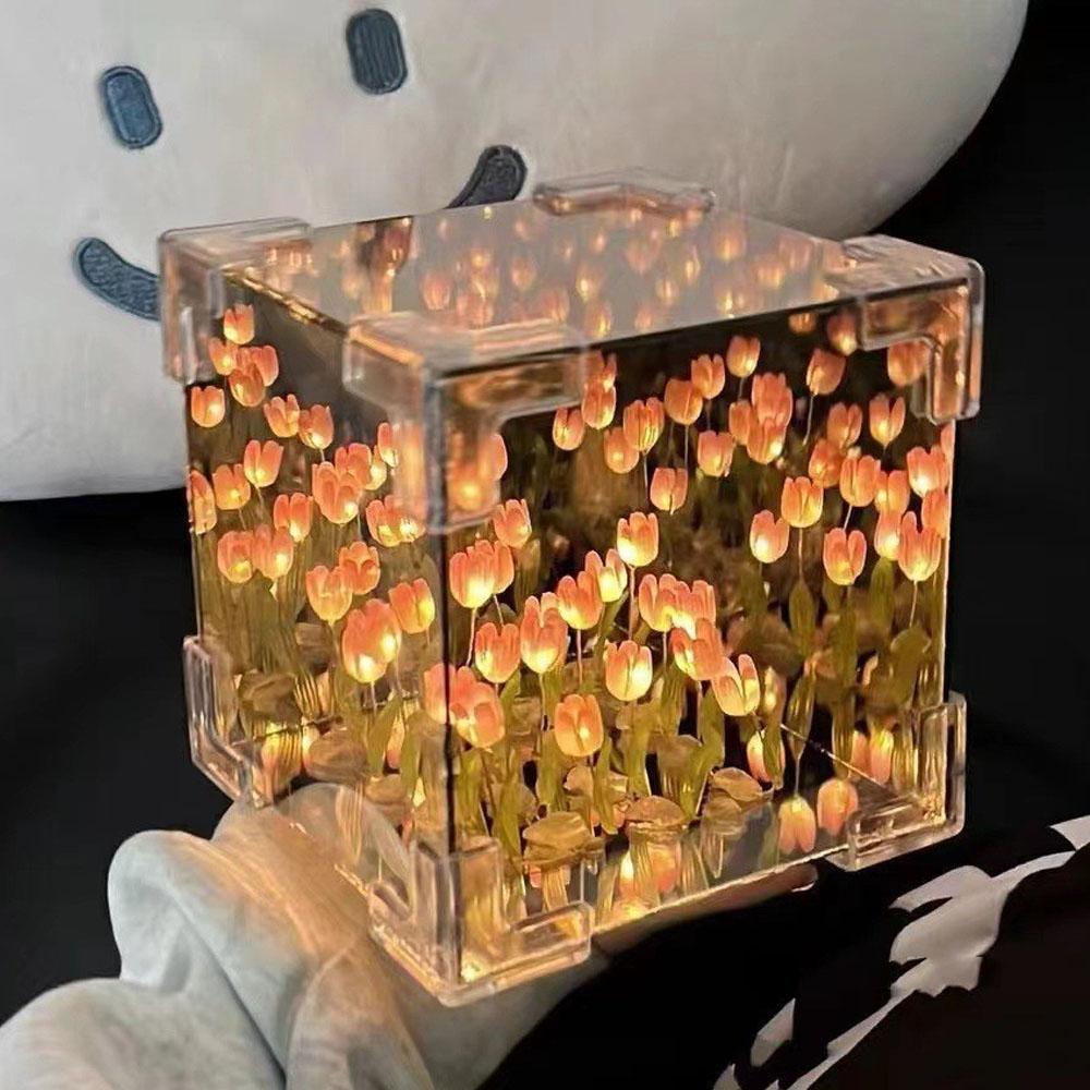 DIY Tulip Mirror Cube Lamp Simulation Flower Bedroom Sleeping Table Lamp Handmade Craft Tulips Mirror Night Light Birthday Gift
