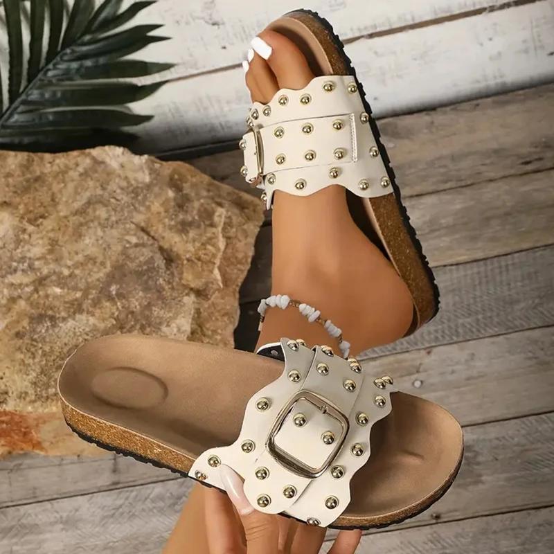 Fashion Buckle Rivet Decor Flat Sandals for Women 2025 Summer Retro Thick Sole Non Slip Slippers Plus Size Comfort Platform Beach Shoes
