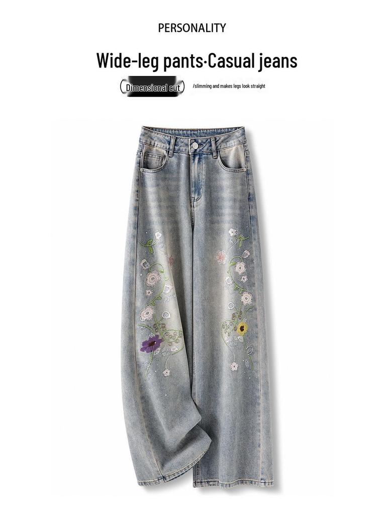 Women's High-Waist Embroidered Straight-Leg Jeans - Floral Ethnic Style for Spring & Autumn