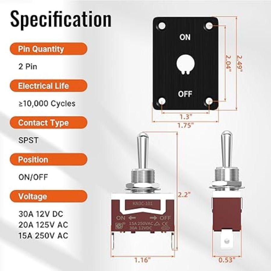 Heavy Duty Waterproof Toggle Switch 12V DC 30A 2 Pin SPST ON/Off Toggle Switch W