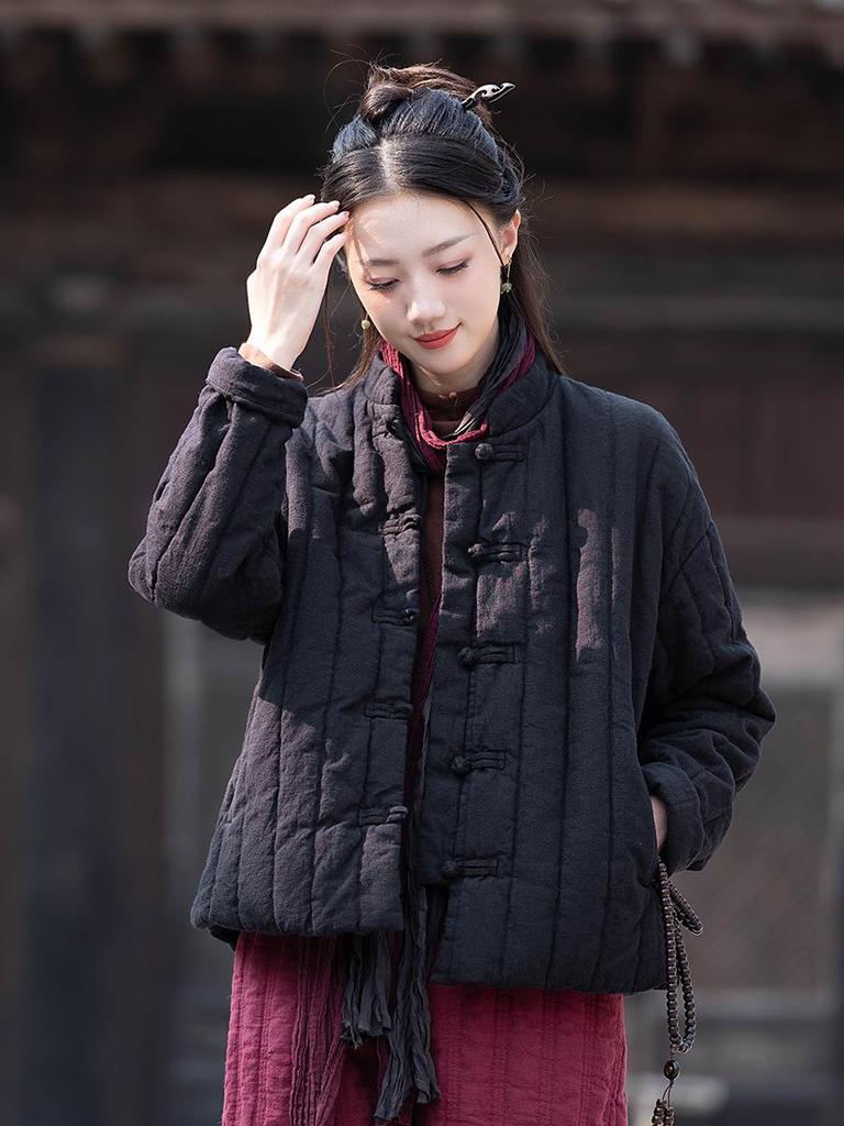 New Arrival: Women's Winter Zen Padded Quilted Jacket - Chinese Retro Style, Thickened Cotton & Linen Blend