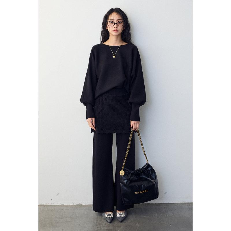 Relaxed Batwing Sleeve Top & Crochet Long Pants Knit Set One Size чёрный