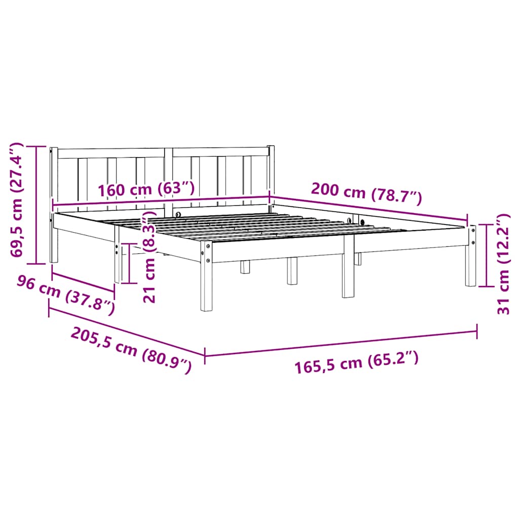 Solid Wood Bed Frame Pine Wood 160 X 200 Cm