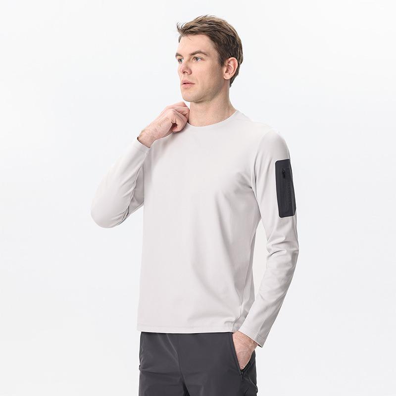 Men Crew Neck Long Sleeve T Shirt With Zipper Arm Pocket Casual Sport Top M белый