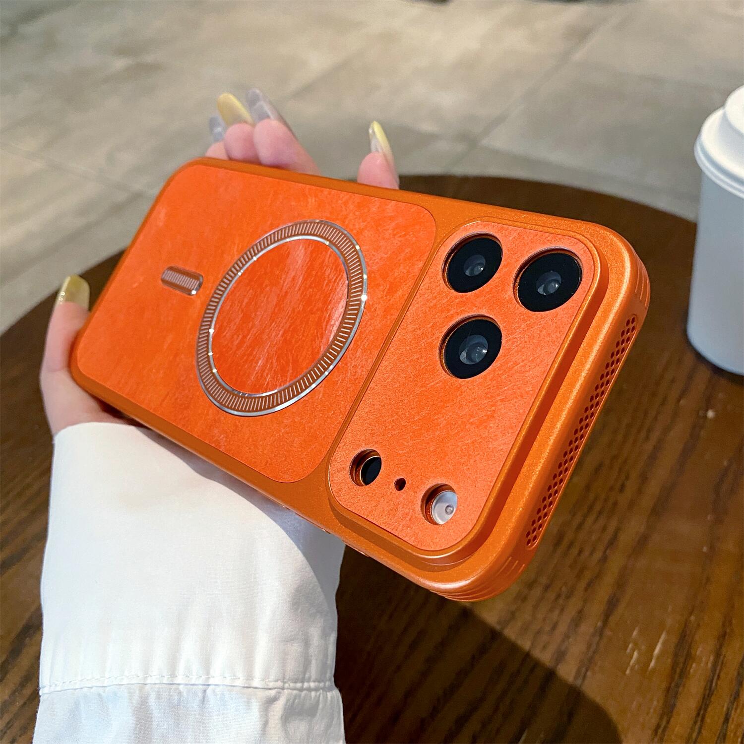 

Luxury Fashion Leather Texture For Magsafe Magnetic Phone Case For iPhone 17 16 15 14 Pro Max Lens Protection Shockproof Cover iPhone 14 Pro Max помаранчевий