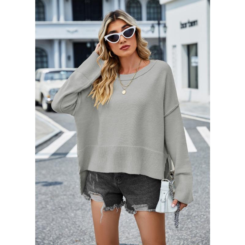 Autumn and Winter Women's Sweater Solid Color Round Neck Knit Loose Flared Sleeve Pullover Sweater