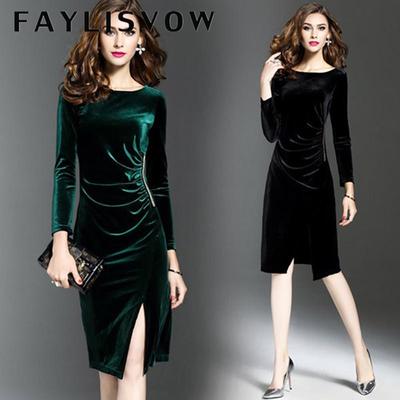 Damen figurbetontes Samtkleid Bleistiftrock Sexy Hüftkleid Langarmrock