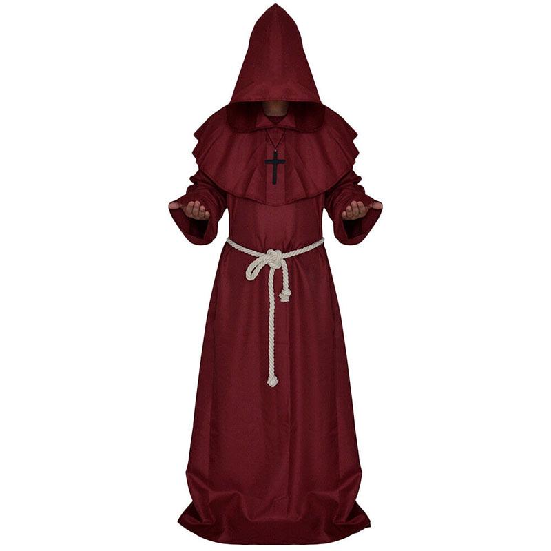 

Monk Death Halloween Hooded Robes Priest Cloak Cosplay Costume Party Medieval WineRed,XL