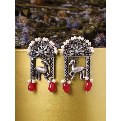 Oxidised Women's German Silver Red Pearl Stud Earrings