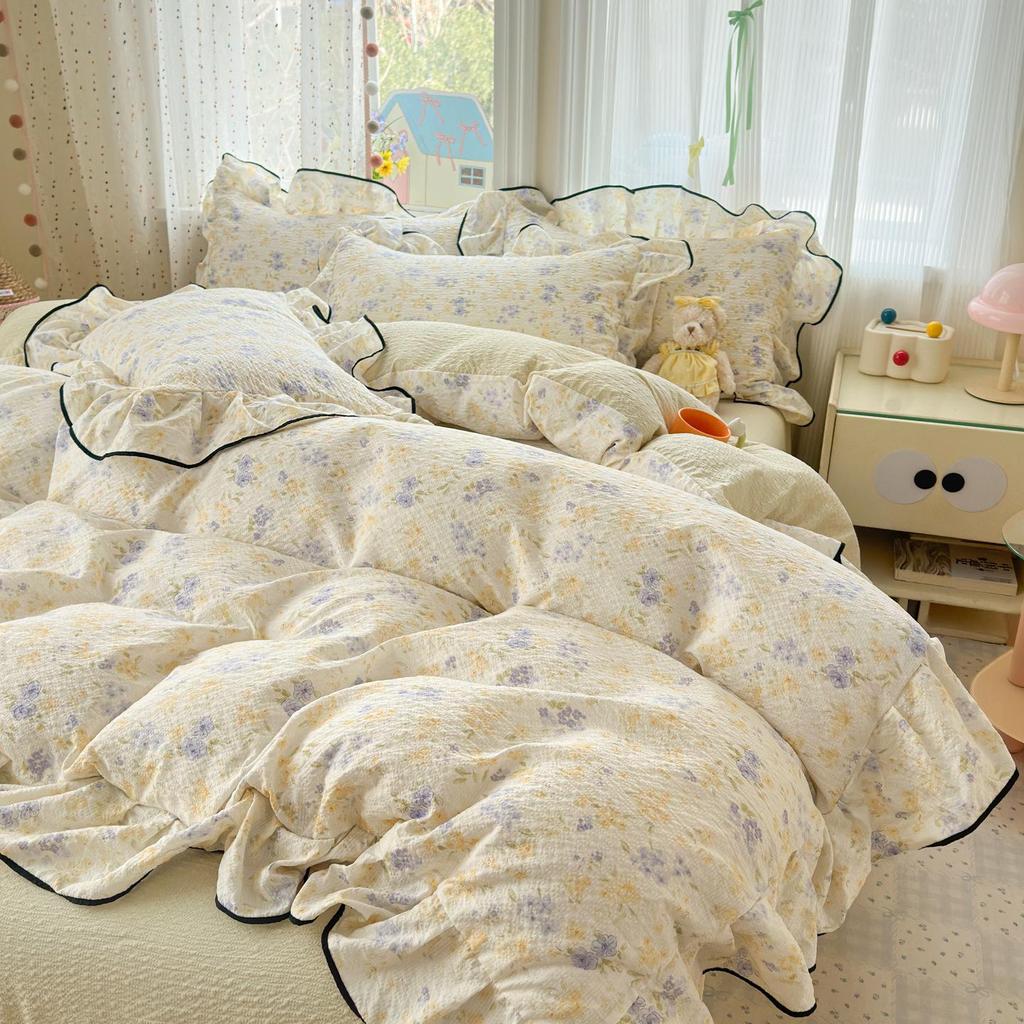 Bubble Cotton Fresh Floral Lace Bedding Set - 4-Piece Soft Duvet Cover & Sheet