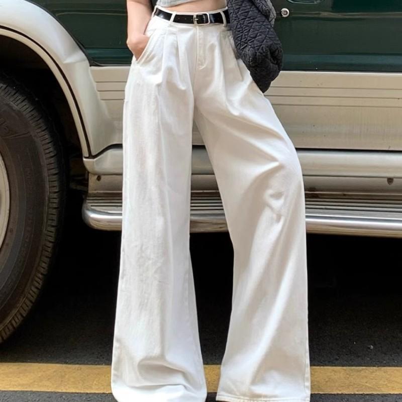 Women High Waist Pleated Wide Leg Jeans Lazy Draped Straight Floor-Length Denim Trousers Fashion Loose Long Pants