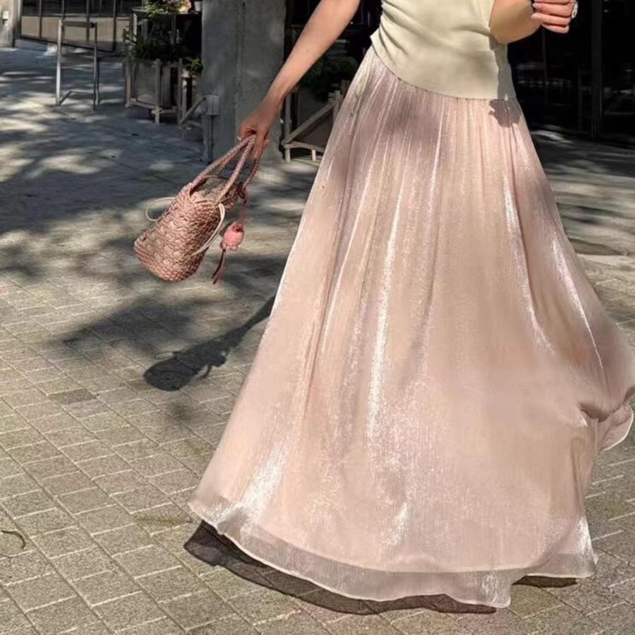 DIMANAF 2025 Summer Women New Skirts Solid Elastic Waist Pleated Mesh Elegant Yellow Blue Skirts