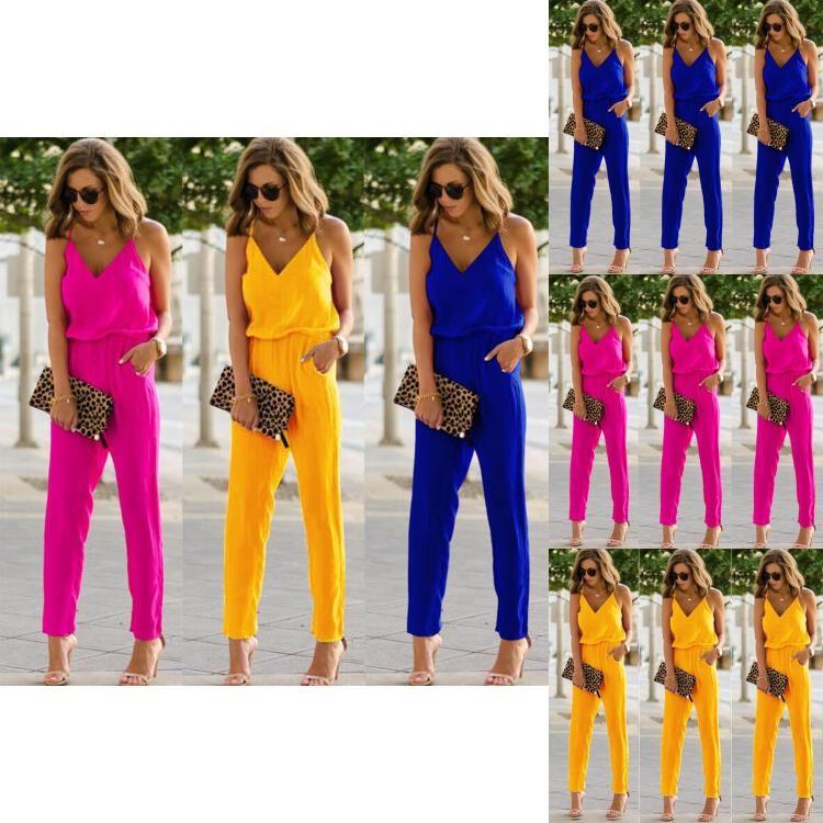 Elegant Women Spaghetti Strap Wide Leg Bodycon Jumpsuit With V-neck Romper Trousers