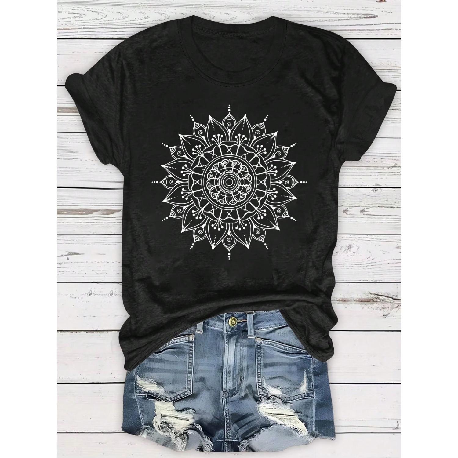 SHEIN LUNE Plus Size Women Casual Floral Print T-Shirt, Summer S чёрный