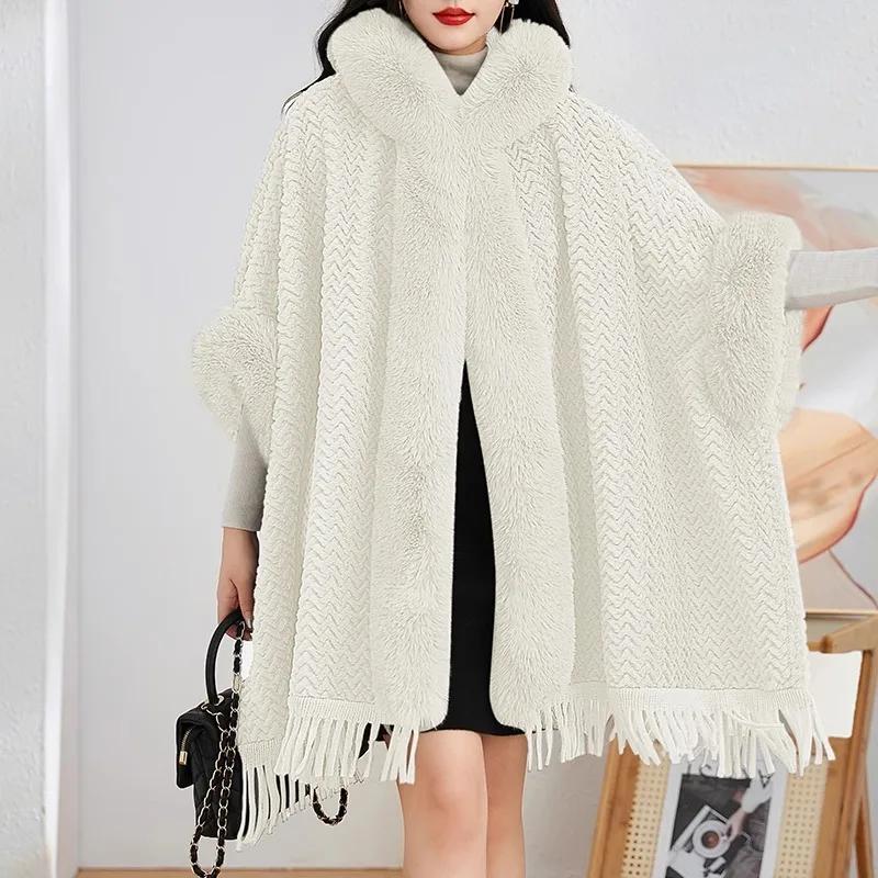 Fashion Soft Plush Faux Fur Cape Coat Hood Women Winter Thicken Fleece Outerwear Long Loose Cardigan Cloak Wraps