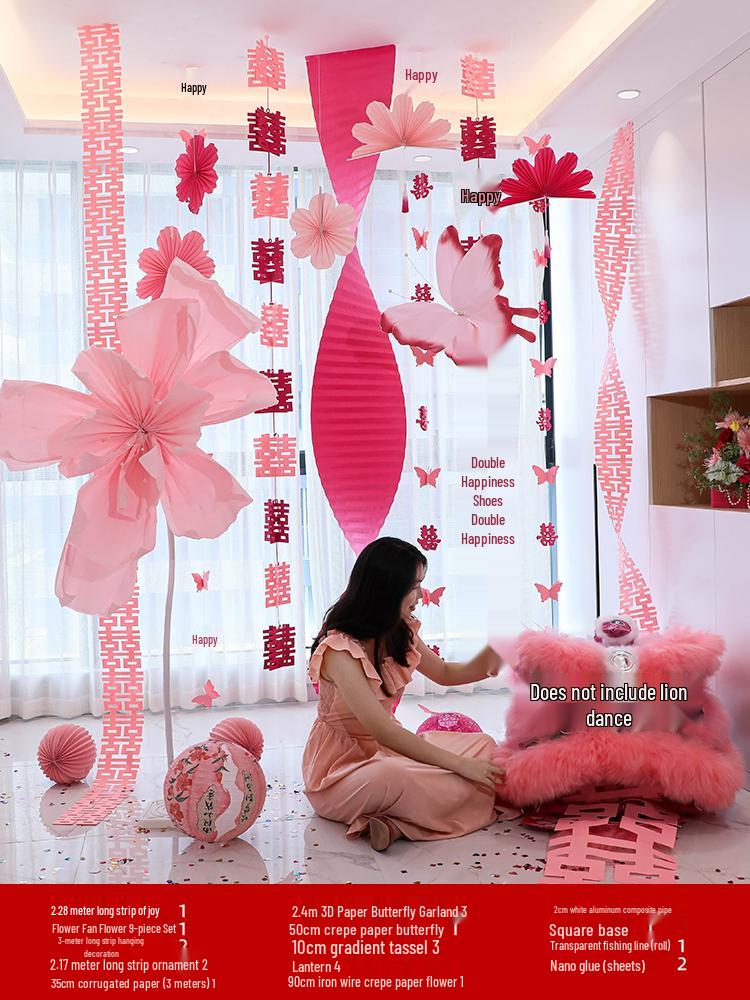Double Happiness Wedding Room Decor Set: Non-Woven Fabric Papercut for Bride and Groom's Bedroom or Hotel.