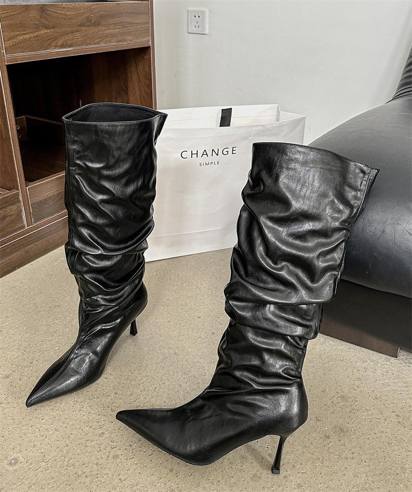 2025 podzim nové evropské a americké špičaté tenký podpatek vysoký podpatek temperament francouzské sexy krásné dámské boty plisované shrnovací boty