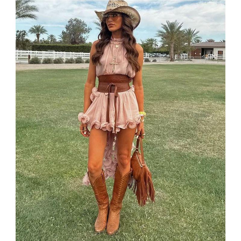 European and American Ruffle Sleeve Short Dress Set Casual Vacation Two-piece Set Casual Top and Skirt Set