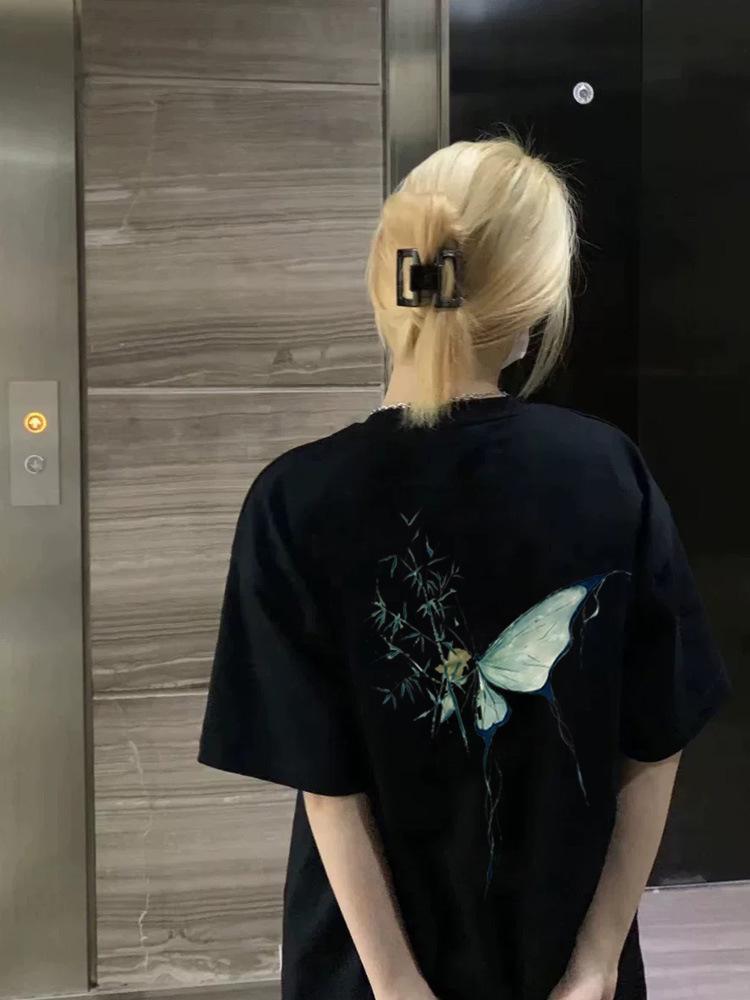 

Женская летняя футболка 2025 года из чистого хлопка свободного кроя в китайском стиле с коротким рукавом - Стильная и шикарная M чёрный