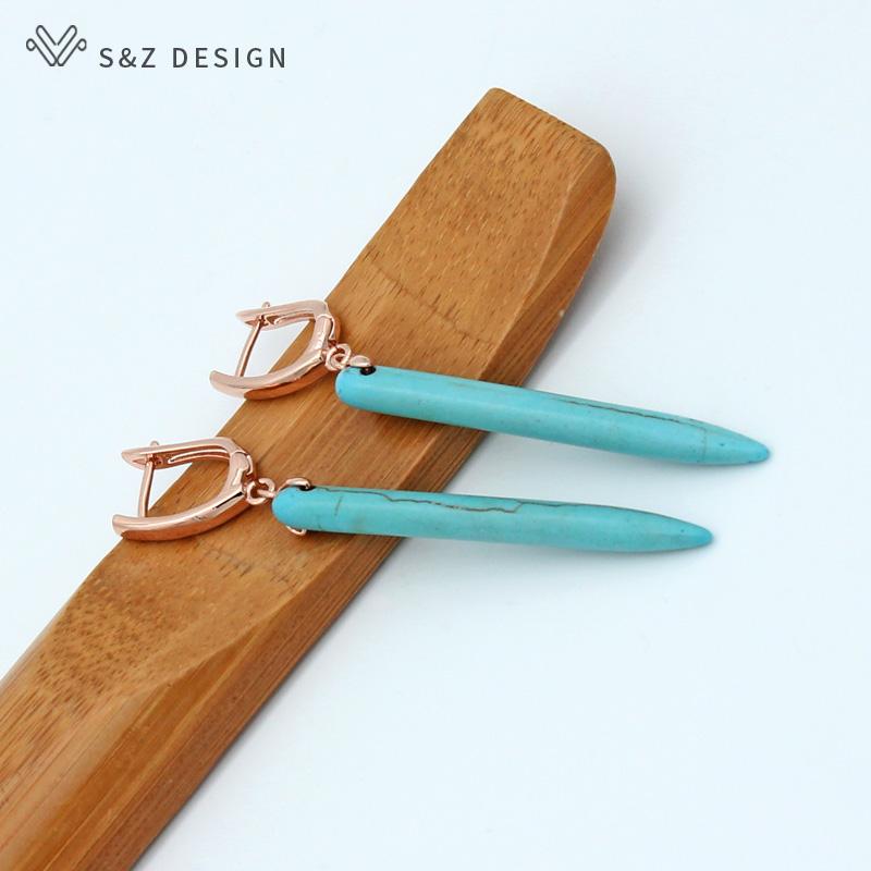 Vintage Long Synthetic Turquoises Drop Earrings Jewelry Sets For Women Rose Gold Color Pendant Necklace Gift
