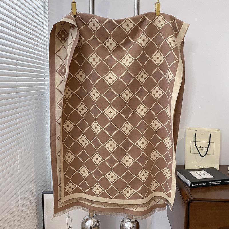 double-sided imitation cashmere geometric square flower print thickened warm scarf air-conditioned room shawl outside