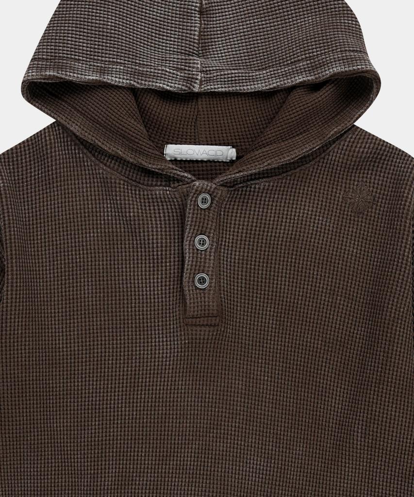 Waffle Henley Neck Hooded Long Sleeve [Brown]