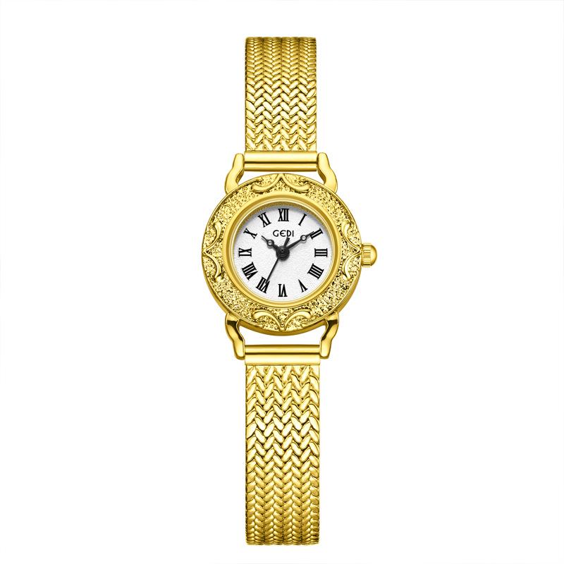 Gedi Retro Geprägte Goldene Uhr mit Weizenähren-Armband - Elegante Damen-Quarzuhr