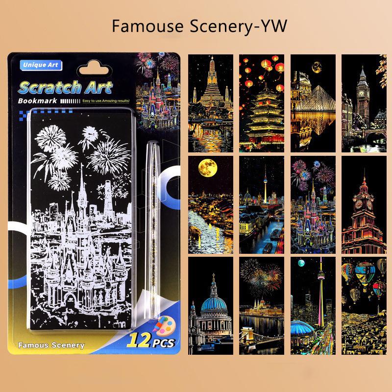

12 Pcs/Set Diy Scratch Painting Famous Architectural Scenery Cartoon Animal Scraping Painting Manual Scratch Drawing Toys Gifts