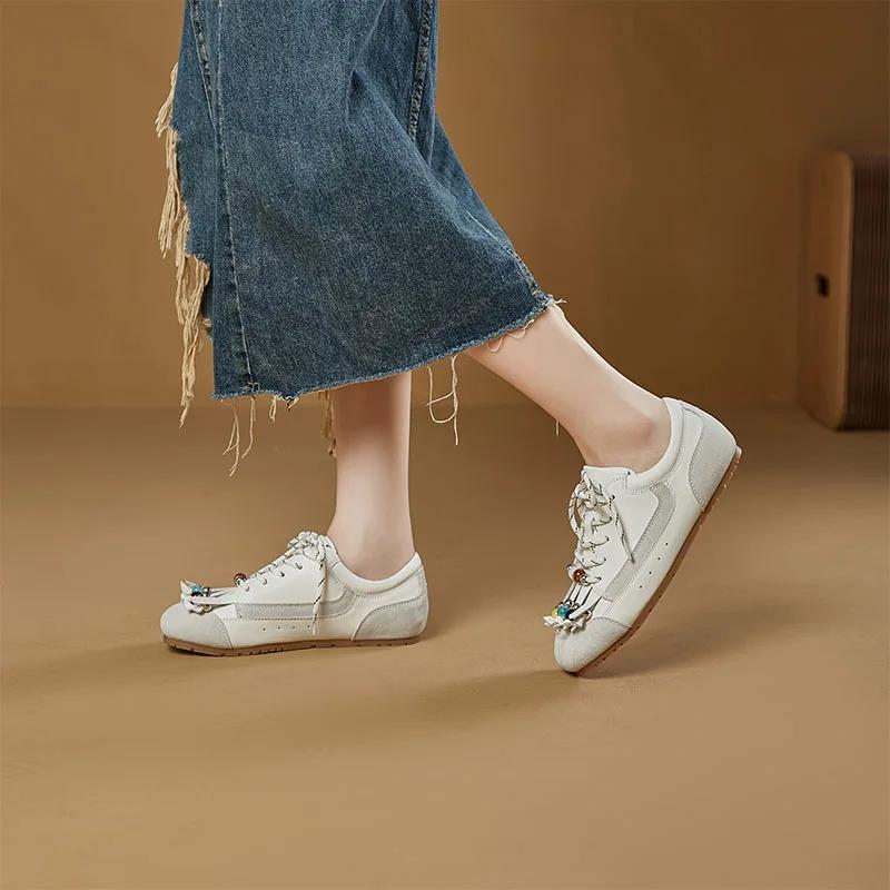 Fashion Casual Suede Sneakers Women Genuine Leather Spring Autumn Patchwork Round Toe Ladies Lightweight Flats Sports Shoes Handmade