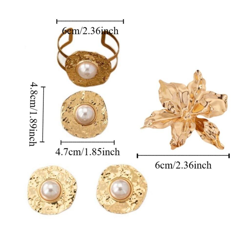4Pcs Zinc Zinc Alloy Ring Earrings Bracelet Exaggerate Women Jewelry Suit Fashion Flower Jewelry Set Party