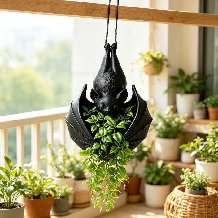 Black Flower Pot With Bat Form and Hanging Cord, Gothicism Bat Planter for Small Foliage, Trailing Foliage and Vertical Indoor Displays for Room Use